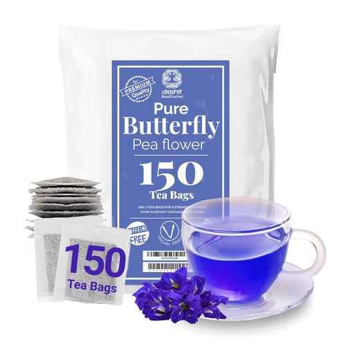 Pure butterfly pea flower tea caffeine free with 150 tea bags and brewed blue tea in a clear cup