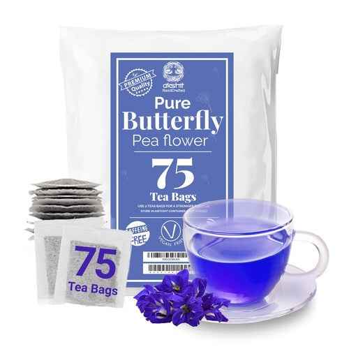 Tea & coffee of the world butterfly pea flower tea caffeine free with 75 tea bags and a cup of blue tea