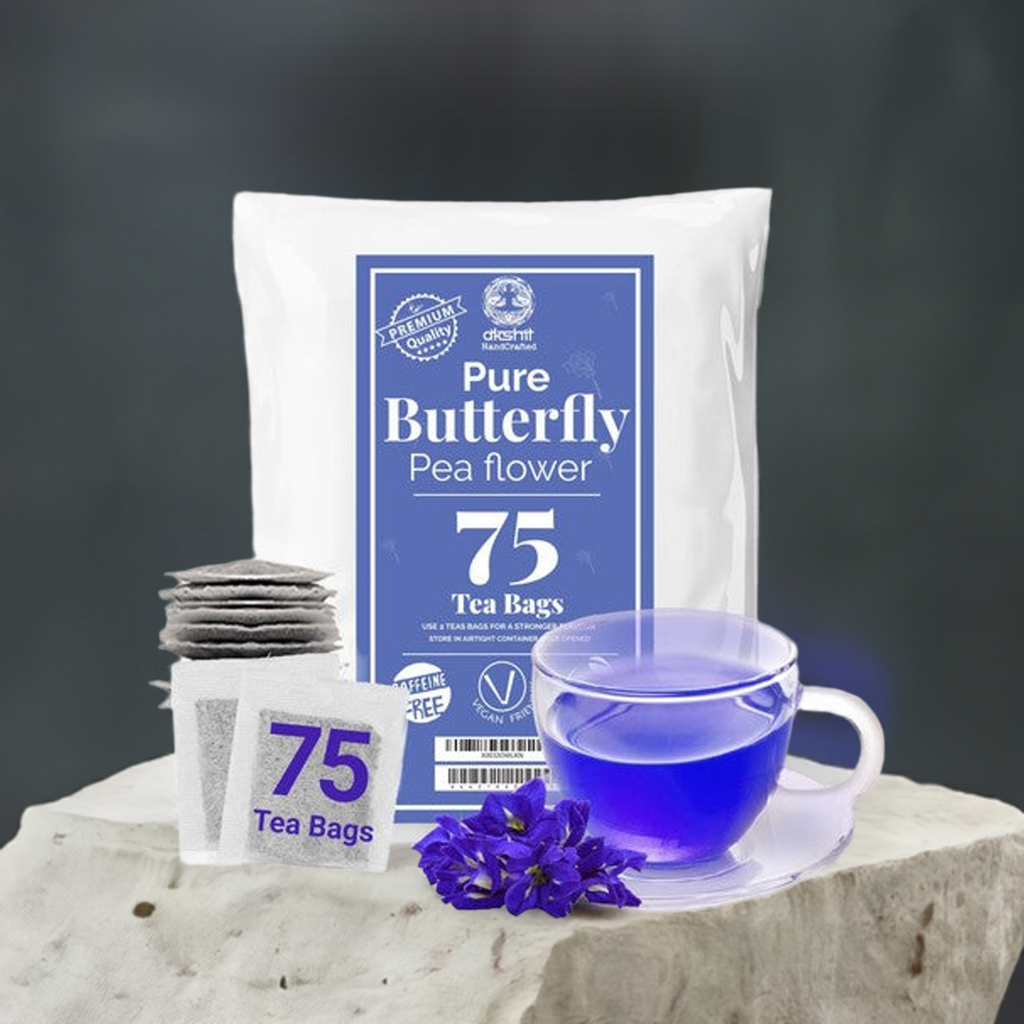 Tea & coffee of the world butterfly pea flower tea caffeine free with 75 tea bags and a cup of blue herbal tea