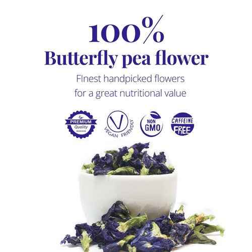 100 percent butterfly pea flower tea caffeine free made from handpicked flowers in white bowl