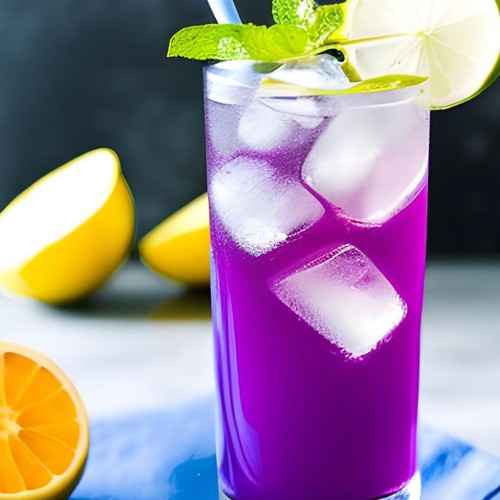 Cold glass of butterfly pea flower tea caffeine free with ice, lemon slice, and mint garnish