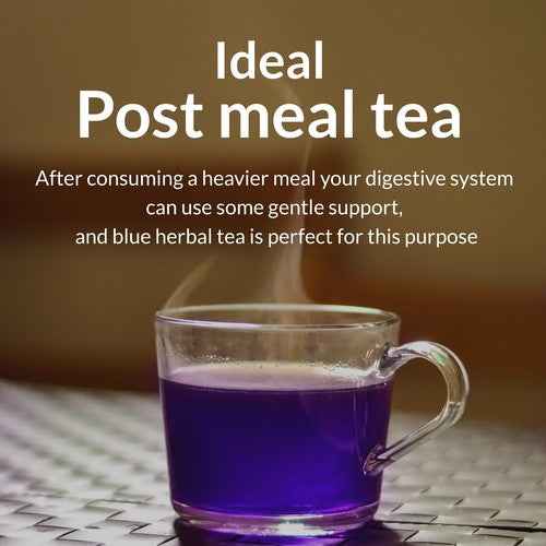 Glass cup of butterfly pea flower tea caffeine free by Tea and coffee of the world for post meal digestion support