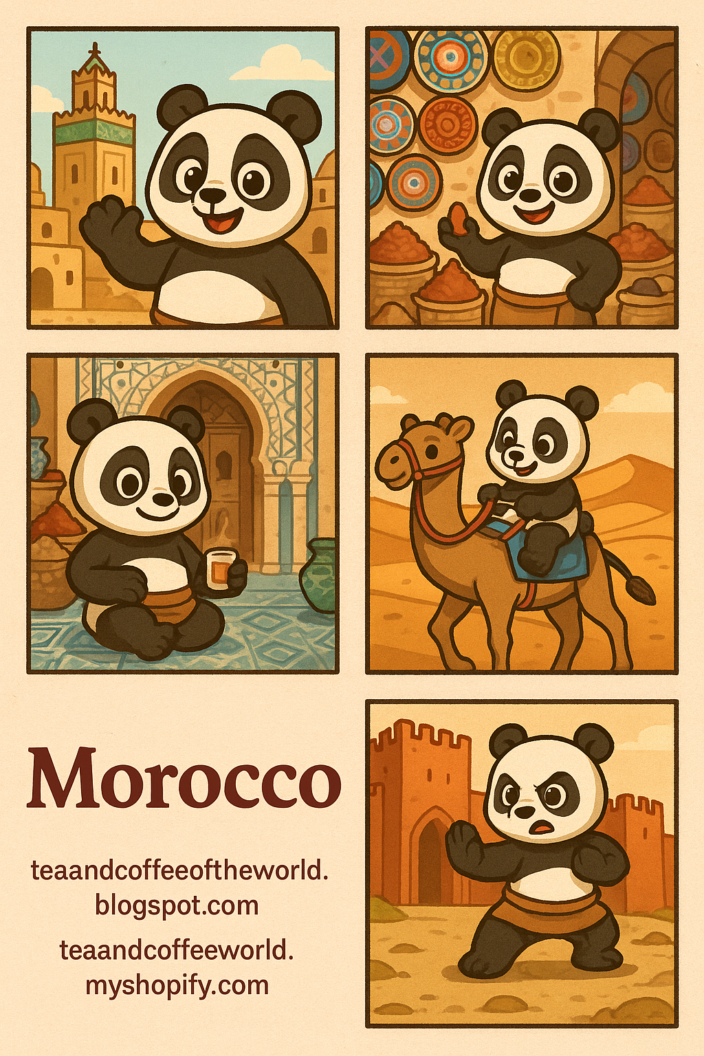 DC-Tega Tea citrus infused herbal green tea with panda mascot in Moroccan themed illustrations