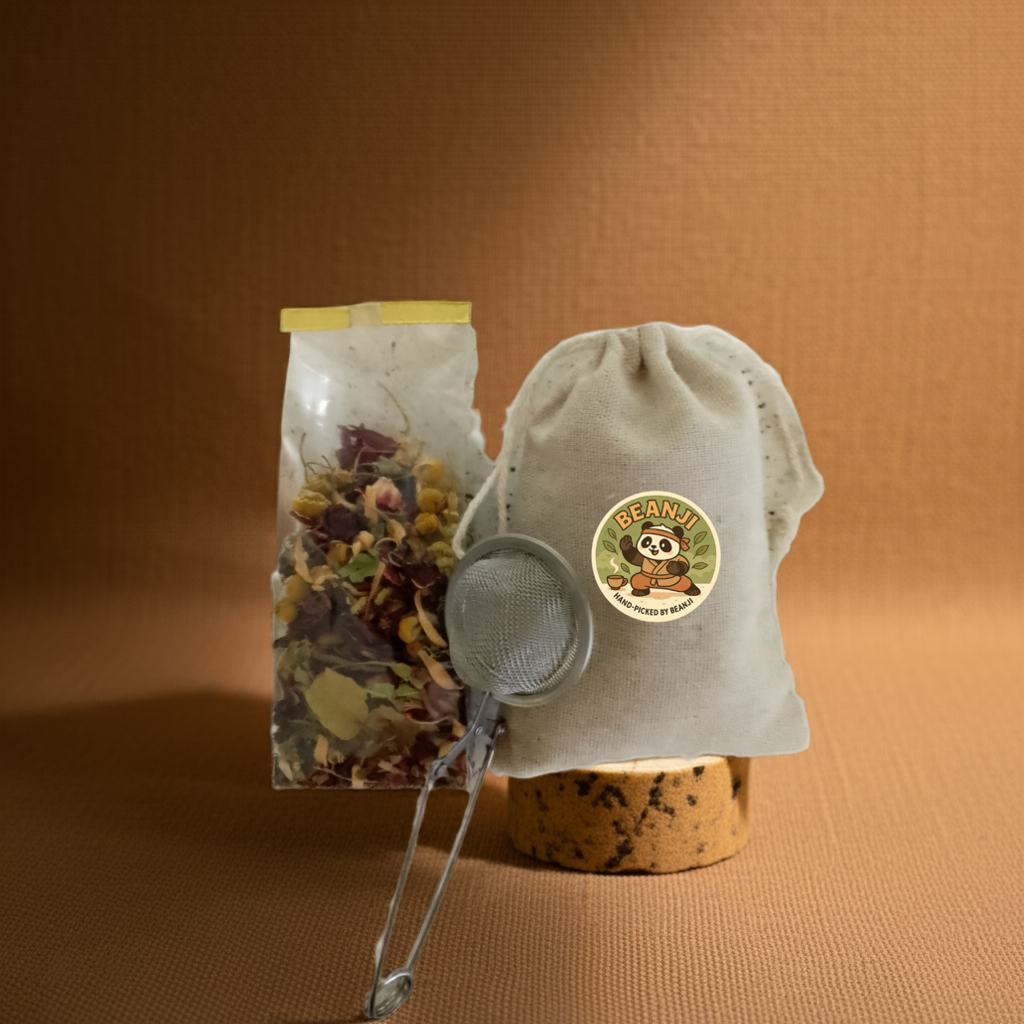 Himalayan stress relief tea herbal blend with tea infuser and cloth pouch by Tea & Coffee of the World