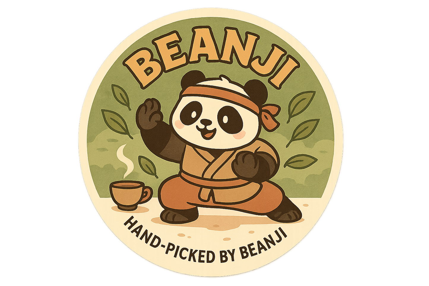 Himalayan stress relief tea label featuring cartoon panda in martial arts pose with steaming cup