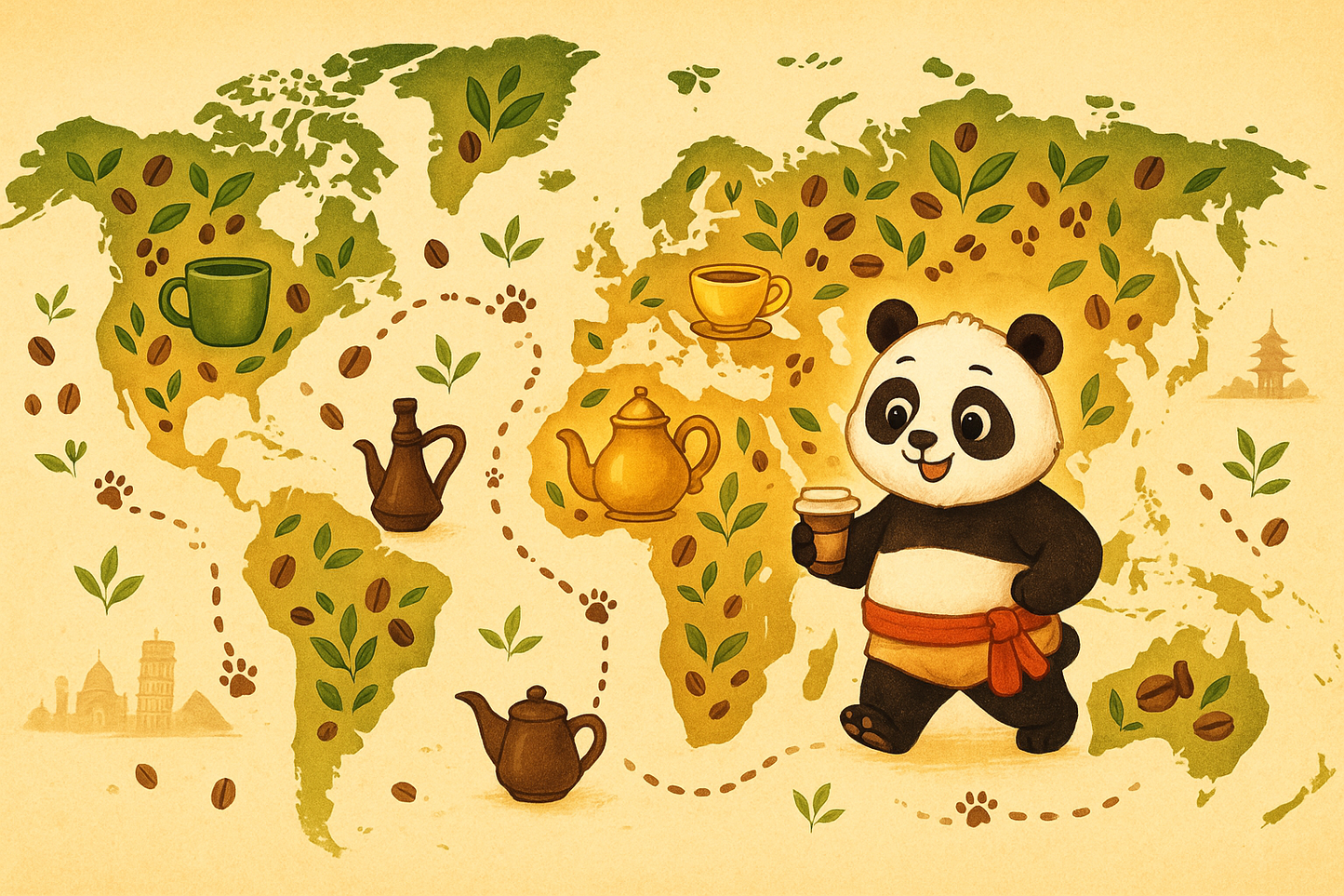 Illustration of a panda holding a cup of Himalayan stress relief tea with a world map and tea pots