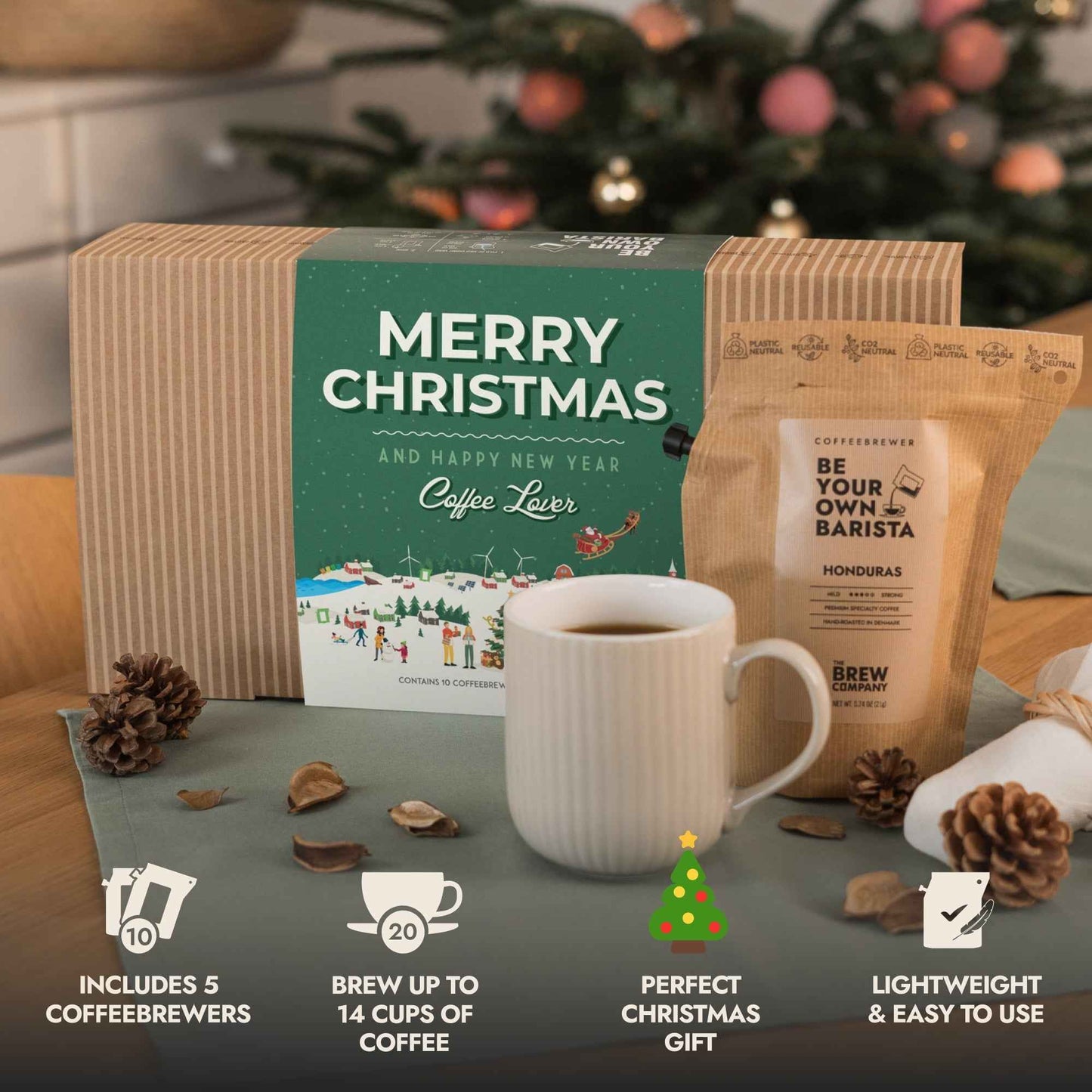 The Brew Company coffee brewers Christmas present gift box with coffee bag and mug in festive setting