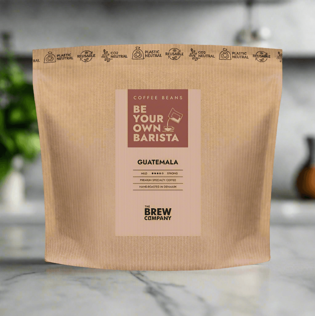 Handcrafted coffee beans Guatemala by The Brew Company in eco-friendly resealable brown bag