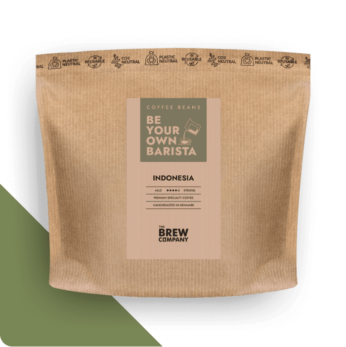The Brew Company organic Indonesian coffee beans in eco-friendly brown resealable bag