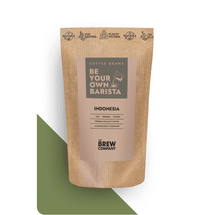 The Brew Company organic Indonesian coffee beans in eco-friendly resealable kraft bag