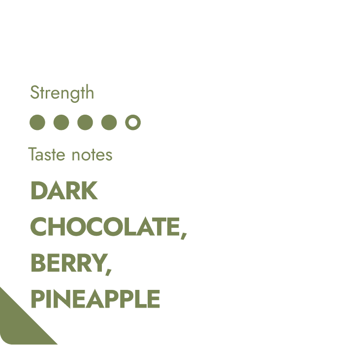 Organic Indonesian coffee by The Brew Company with strong flavor and taste notes of dark chocolate berry pineapple