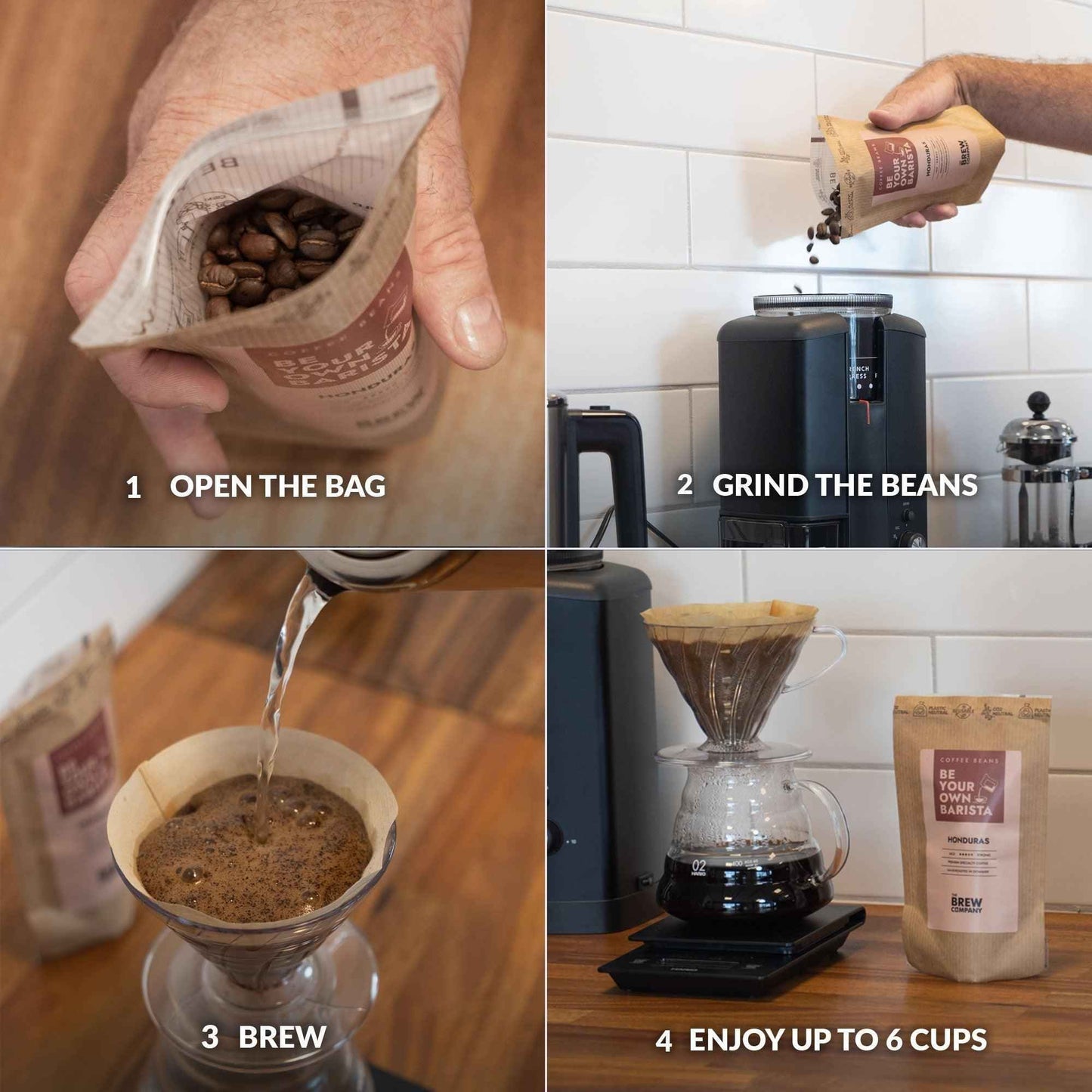 Step-by-step guide to brewing coffee with The Brew Company premium coffee gift set featuring coffee beans, grinder, and pour-over brewer