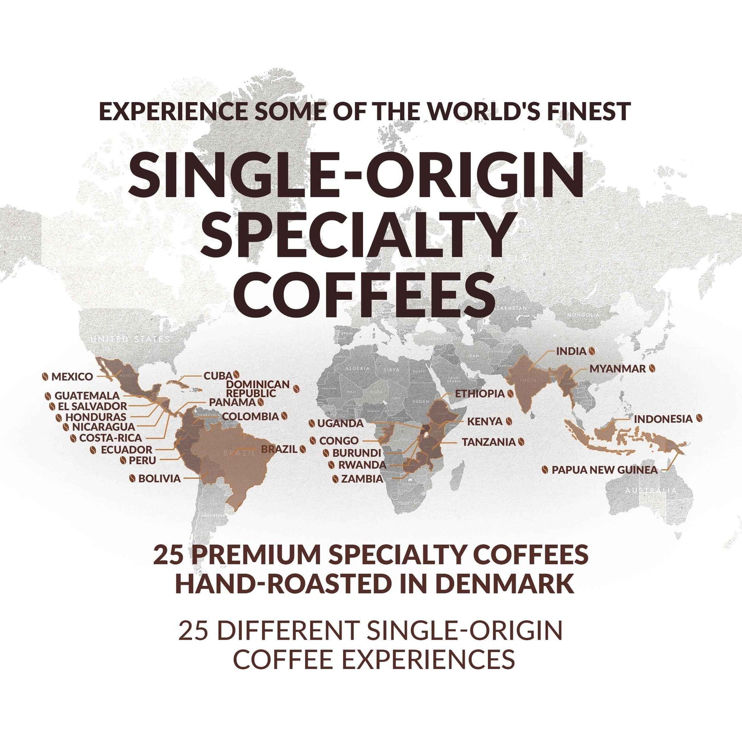 Map showing origins of 25 premium specialty coffees featured in The Brew Company premium coffee gift set