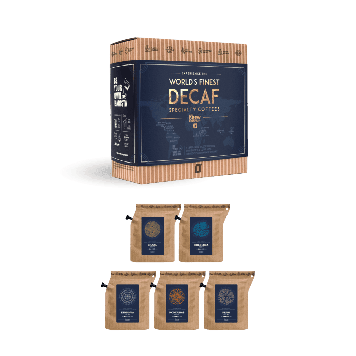 The Brew Company gift box set featuring premium decaf coffee collection with five specialty coffee bags