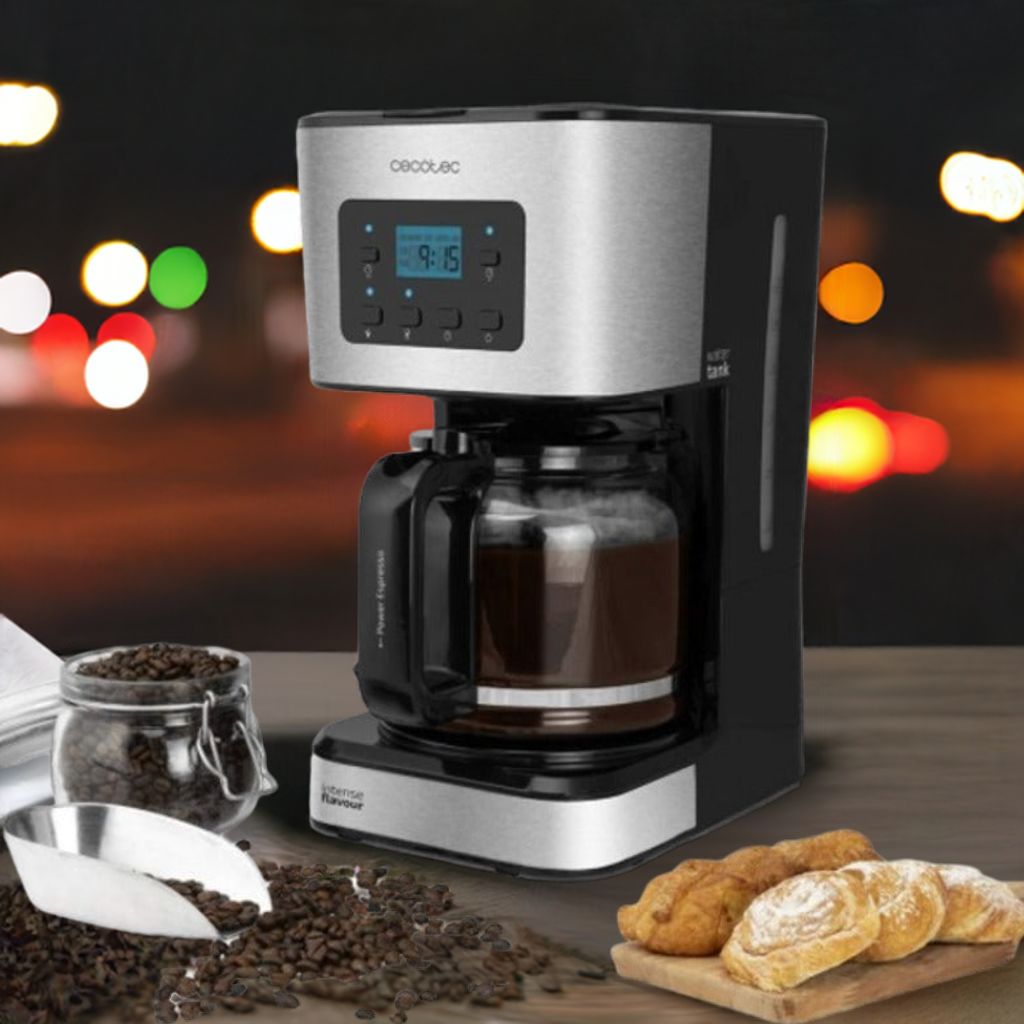 Bigbuy Cecotec coffee maker brewing organic coffee with Cecotec maker on wooden table with coffee beans and pastries