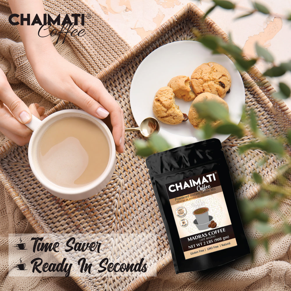 Chaimati premium coffee black pack with cup of coffee and cookies on woven tray by DC-Pride India Brands