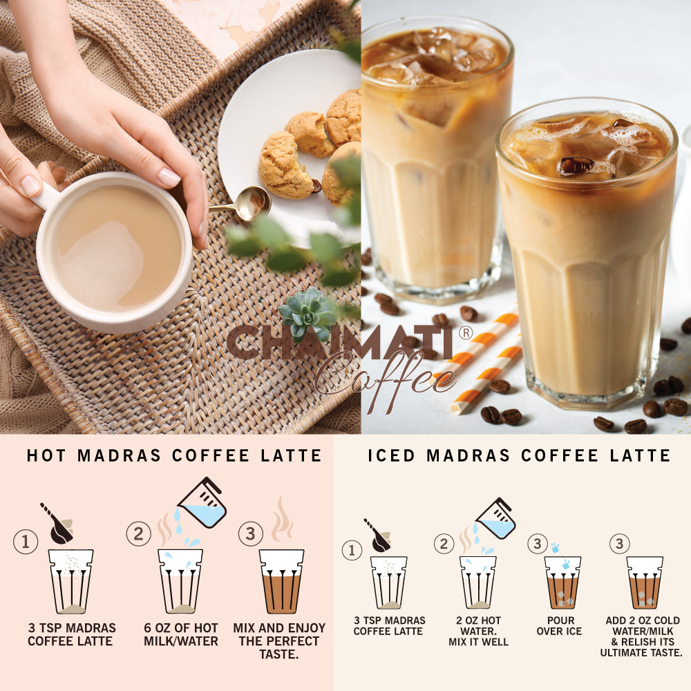 Chaimati premium coffee hot and iced Madras coffee latte with brewing instructions and coffee beans
