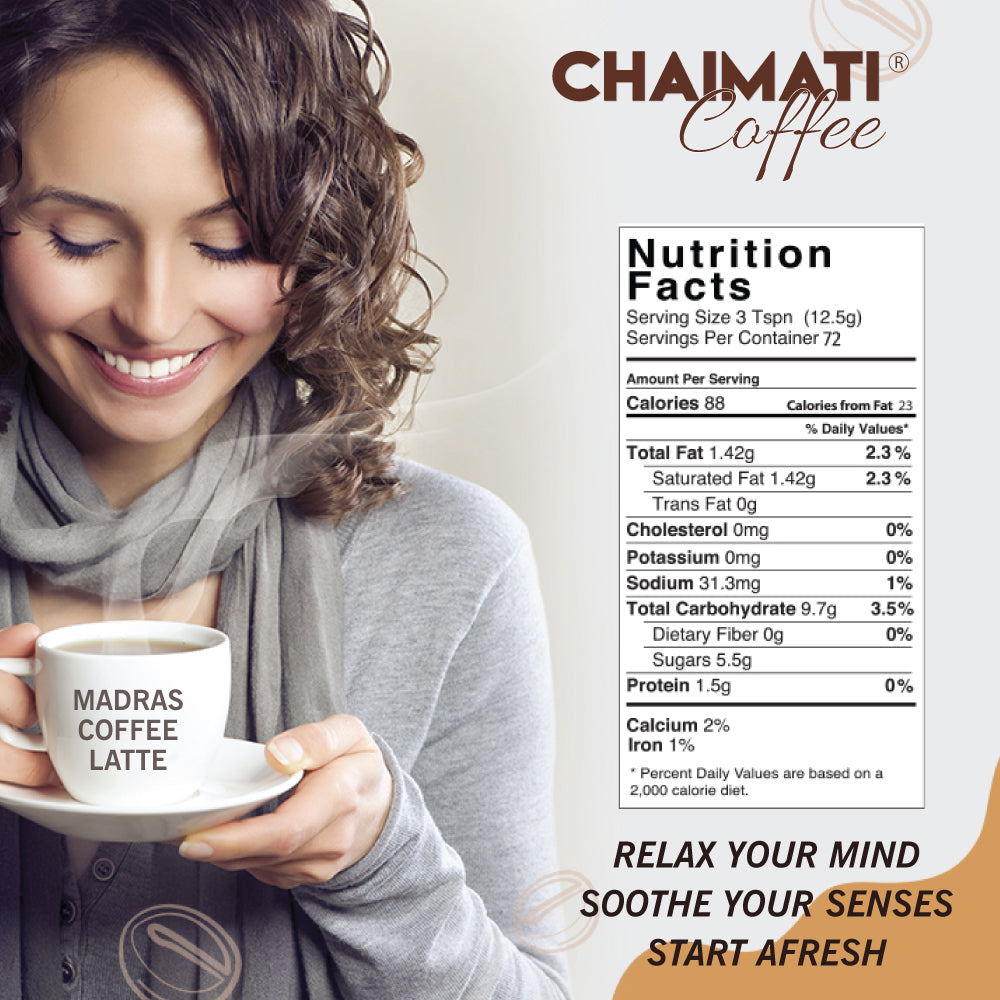 Woman enjoying a cup of Madras Coffee Latte with Chaimati premium coffee nutrition facts and branding