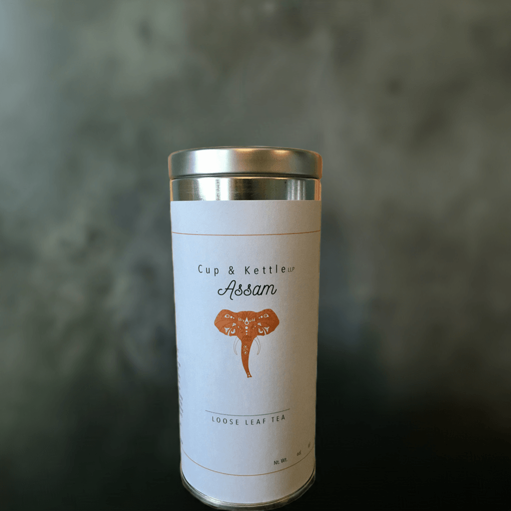 DC-Cup & Kettle Tea organic Assam tea 3 oz loose leaf herbal tea in white and silver tin container
