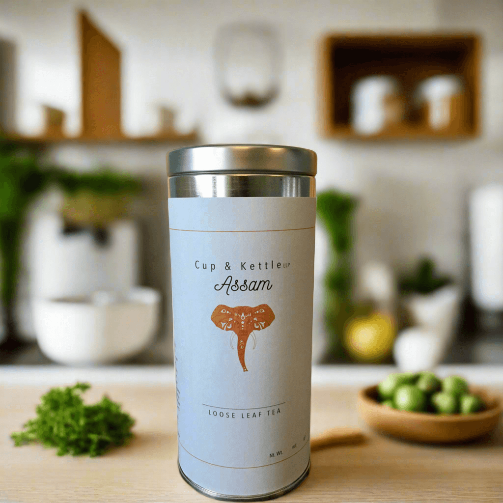 DC-Cup & Kettle Tea organic Assam tea 3 oz loose leaf herbal tea in metal canister on kitchen counter