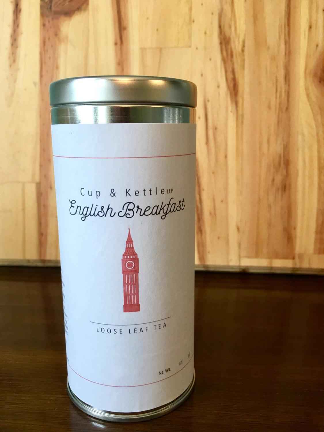 DC-Cup & Kettle Tea Premium Organic English Breakfast Tea loose leaf tin with silver lid on wooden table