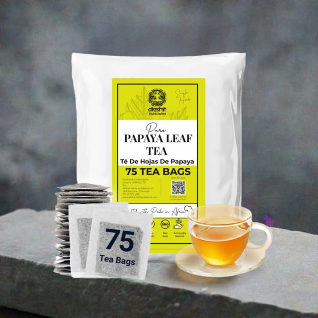 Tea & coffee of the world organic papaya leaf tea with 75 tea bags and a cup of brewed tea