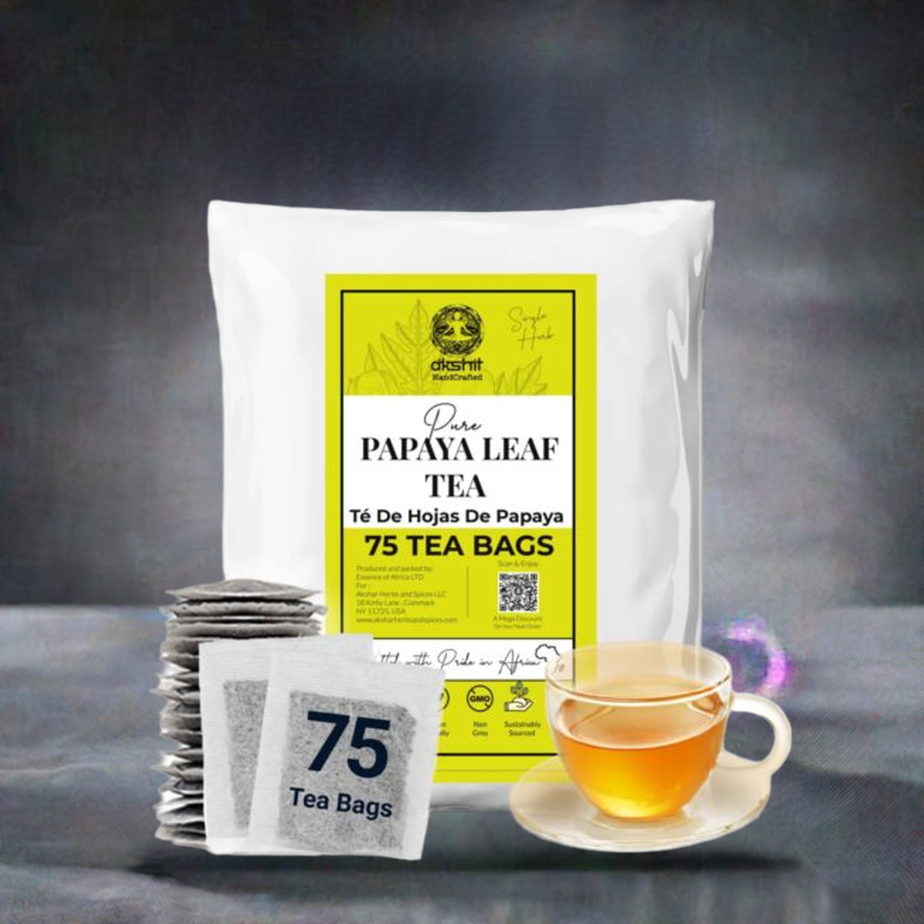 Organic papaya leaf tea with 75 tea bags and a brewed cup from Tea and coffee of the world
