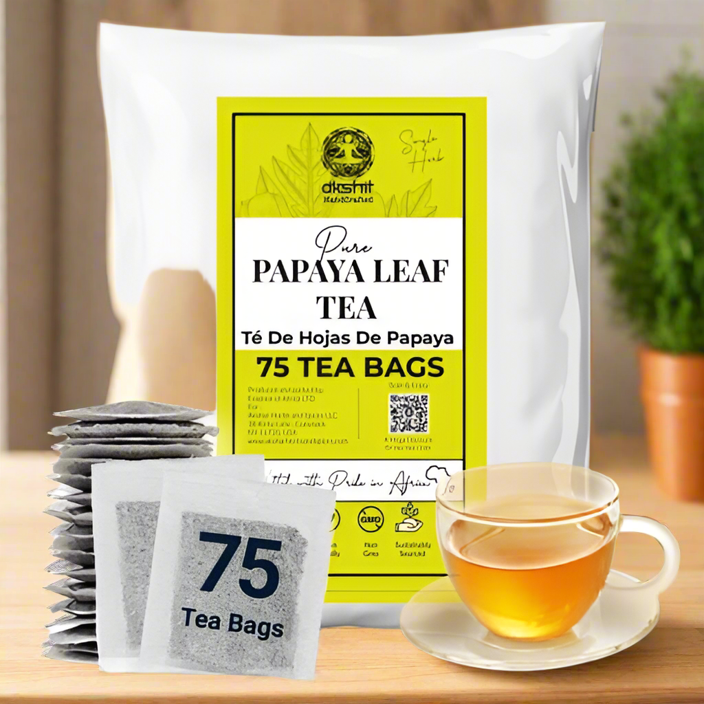 Organic papaya leaf tea with 75 tea bags by Tea and coffee of the world in white and yellow packaging next to a cup of brewed tea