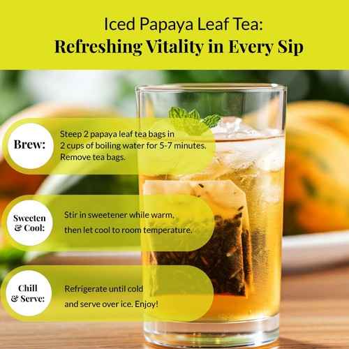 Glass of iced organic papaya leaf tea with ice cubes and mint on wooden table by Tea & coffee of the world