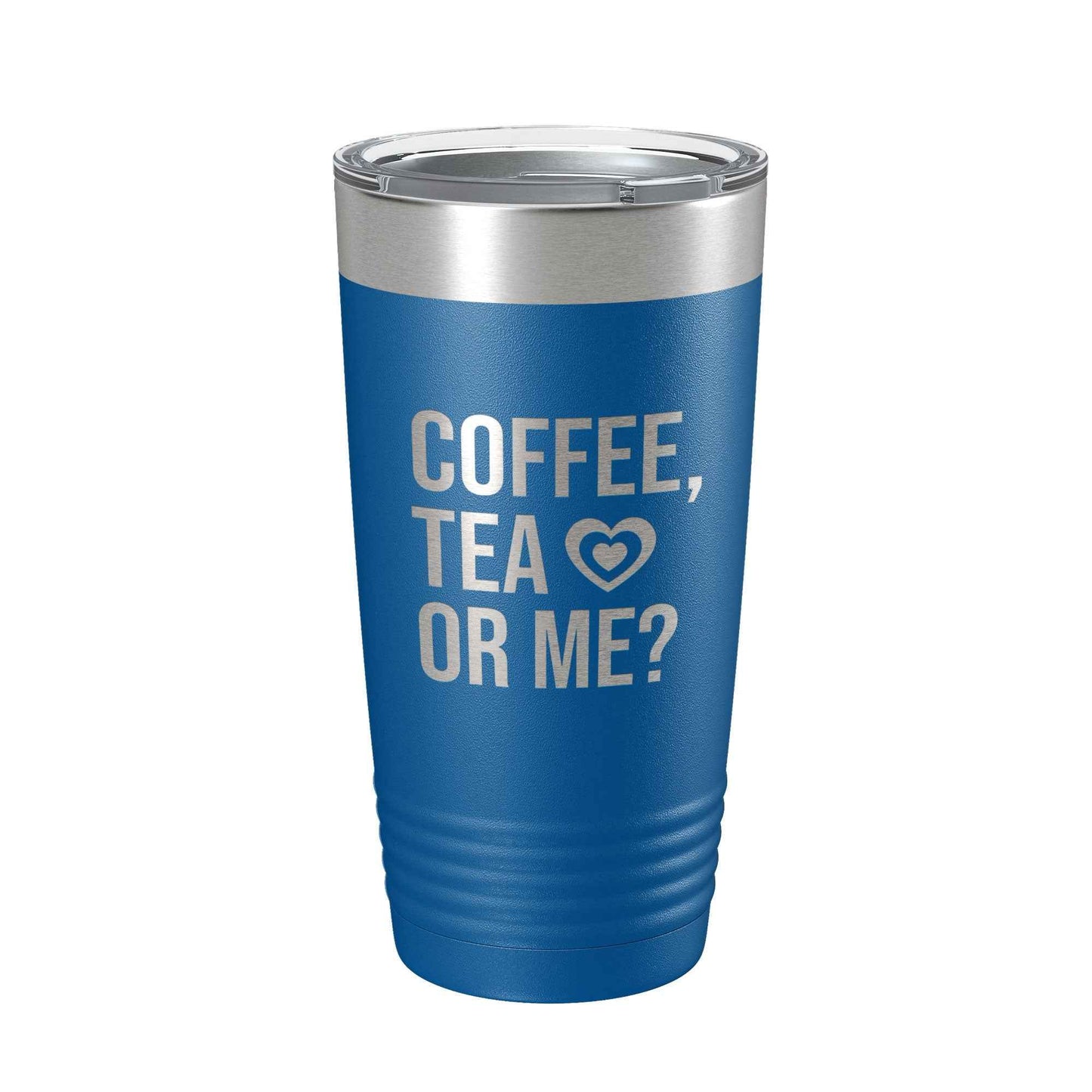 CarveBright eco-friendly coffee tumbler in blue with silver lid and coffee tea or me text