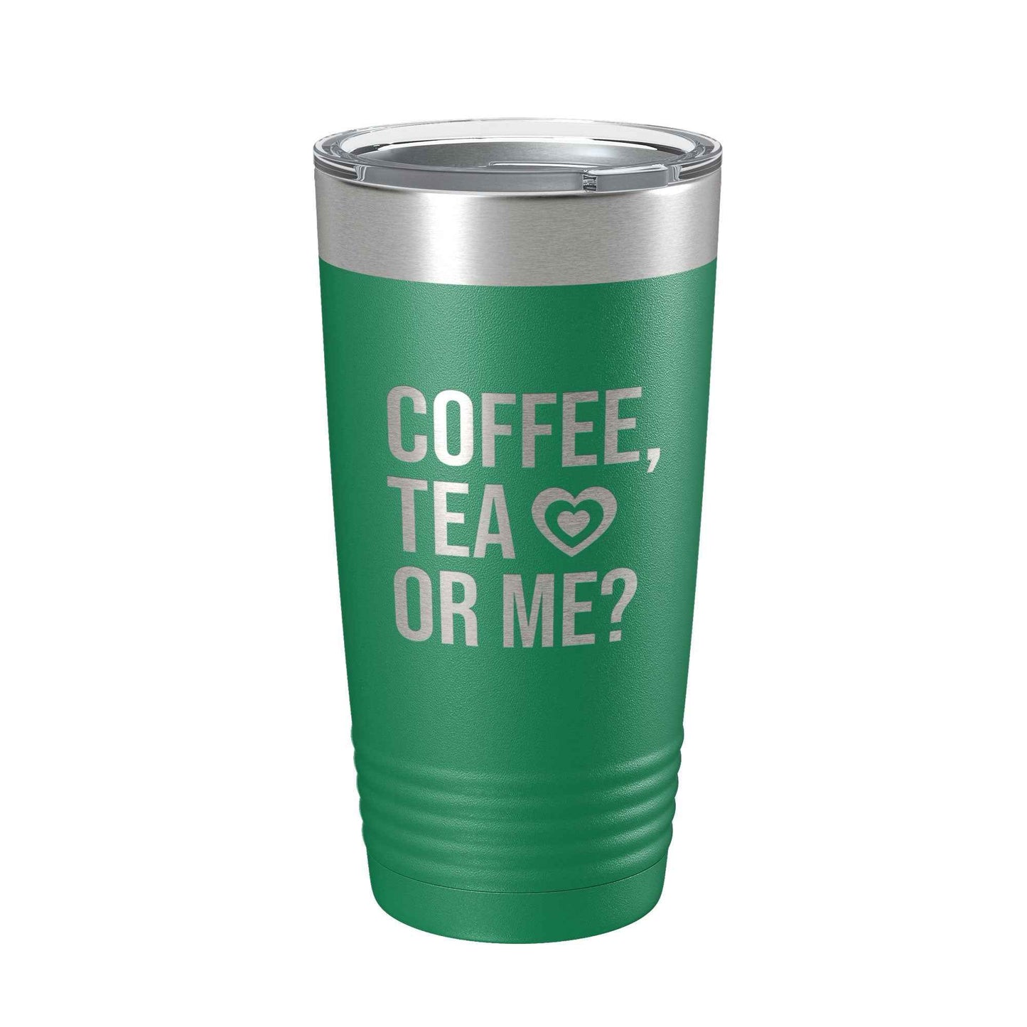 CarveBright eco-friendly coffee tumbler in green with silver lid and coffee tea or me text