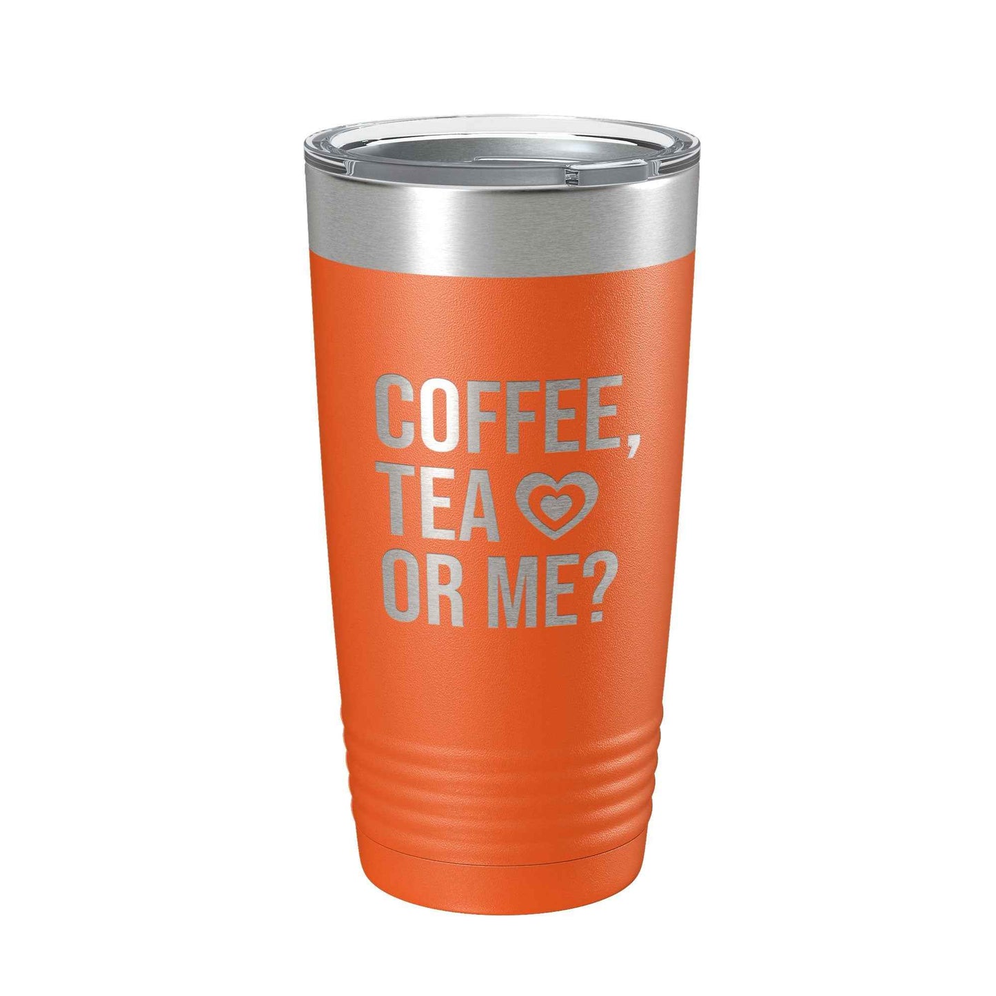 CarveBright eco-friendly coffee tumbler in orange with silver lid and coffee tea or me text