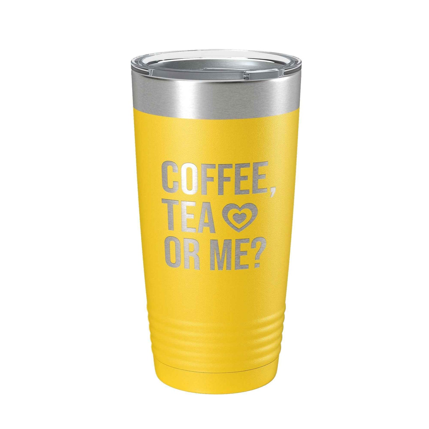 CarveBright eco-friendly coffee tumbler in yellow with silver lid and coffee tea or me text