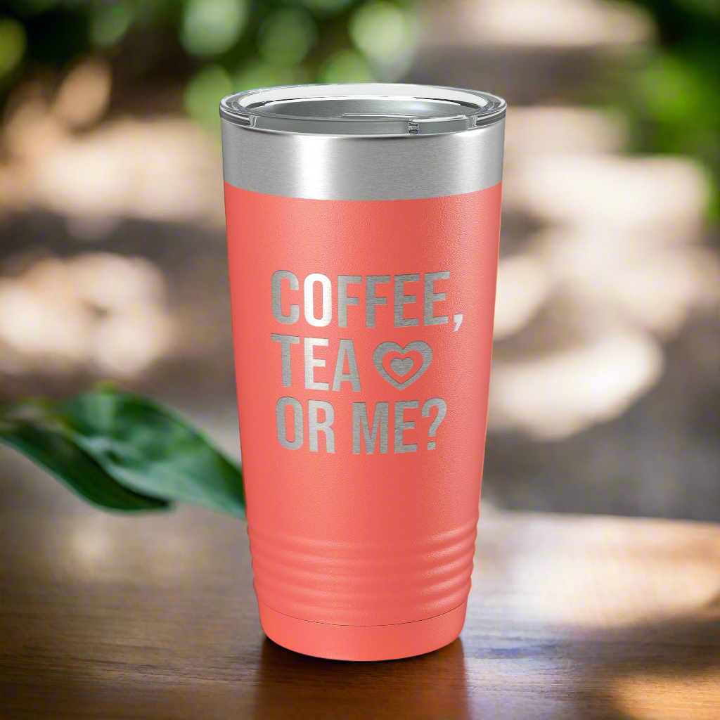 CarveBright eco-friendly coffee tumbler in coral color with silver lid and coffee tea or me text