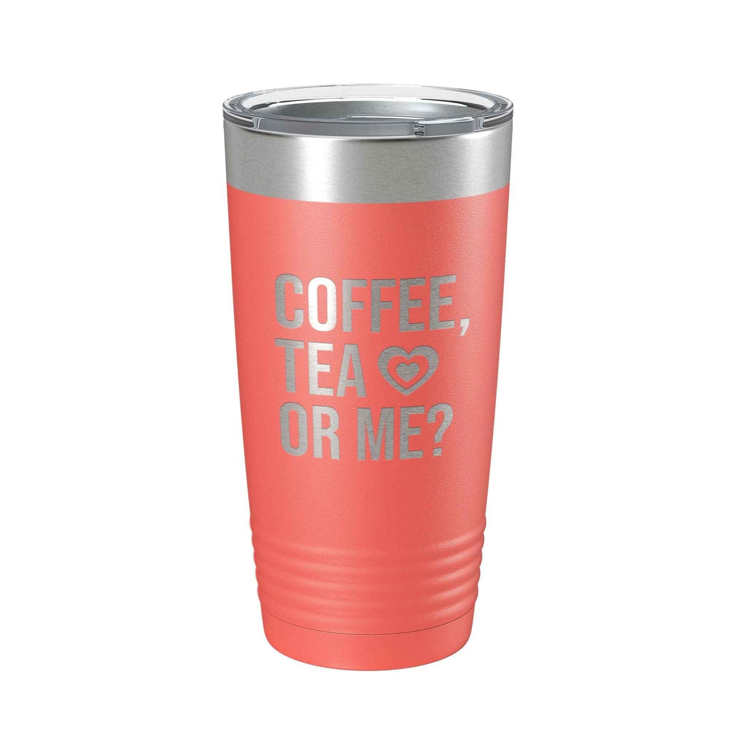 CarveBright eco-friendly coffee tumbler in coral with silver lid and coffee tea or me text