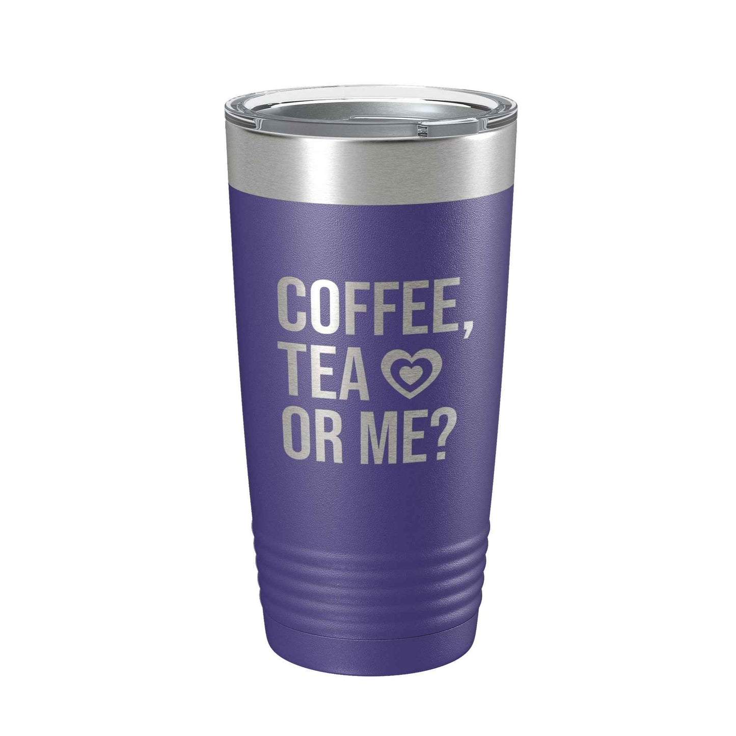 CarveBright purple eco-friendly coffee tumbler with silver lid and coffee tea or me text