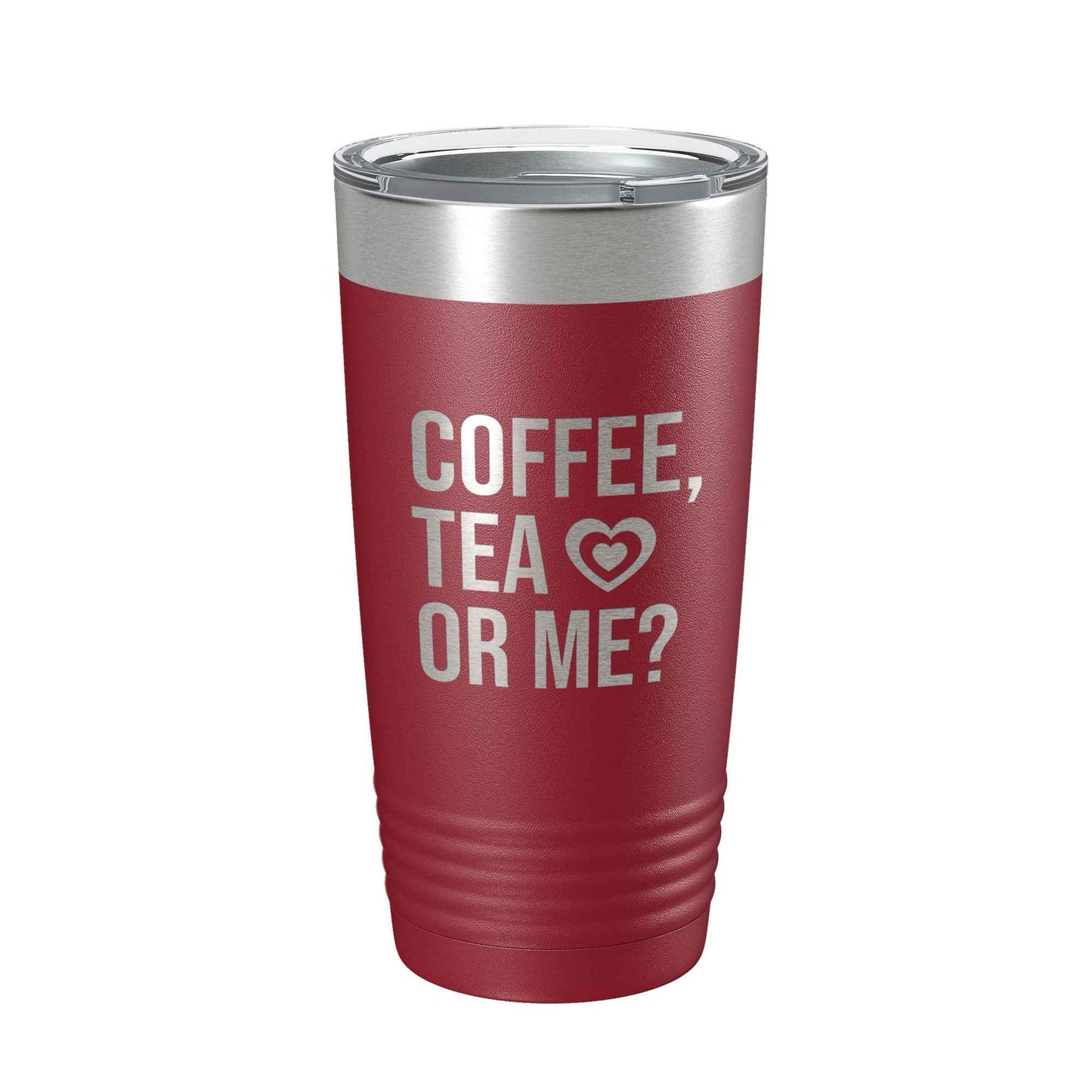 CarveBright eco-friendly coffee tumbler in red with silver lid and coffee tea or me text