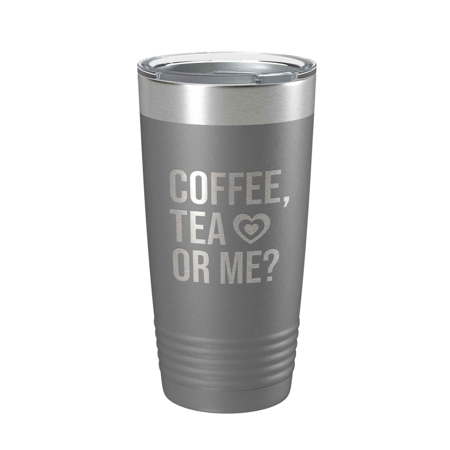 CarveBright eco-friendly coffee tumbler with gray finish and coffee tea or me text