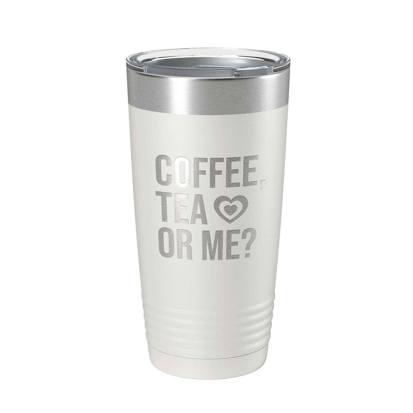 CarveBright eco-friendly coffee tumbler in white with silver lid and coffee tea or me design