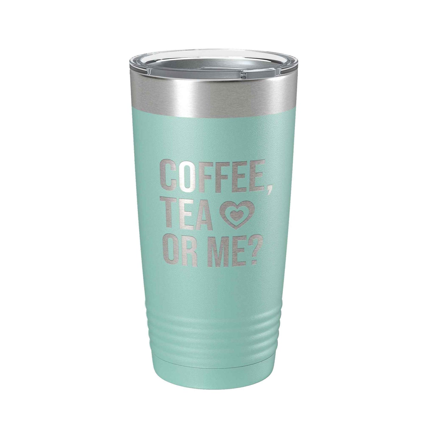 CarveBright eco-friendly coffee tumbler in mint green with silver lid and coffee tea or me text