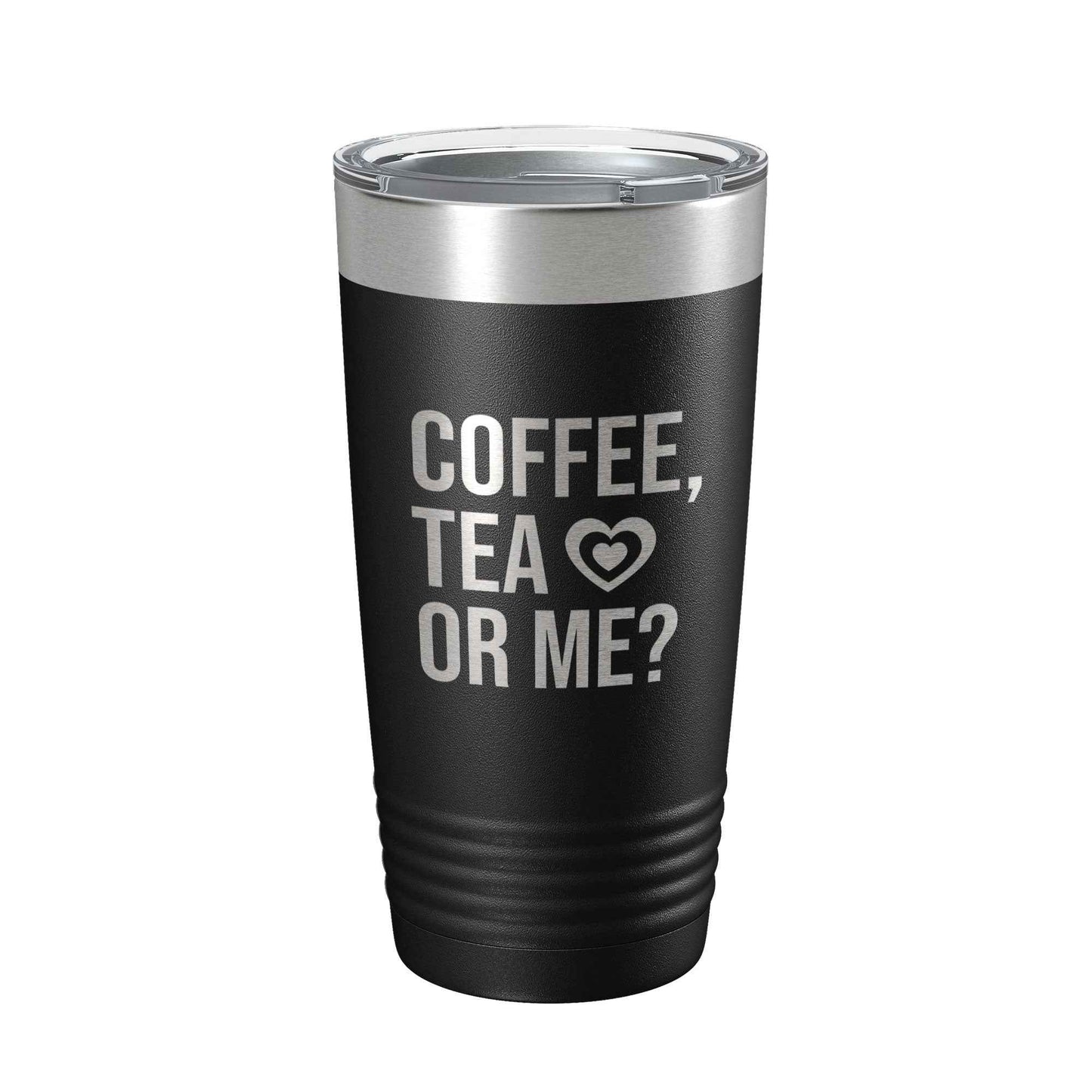 CarveBright eco-friendly coffee tumbler in black with silver lid and coffee tea or me text