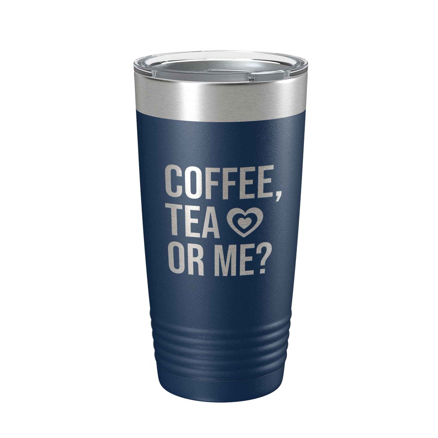 CarveBright eco-friendly coffee tumbler in navy blue with silver lid and coffee tea or me text
