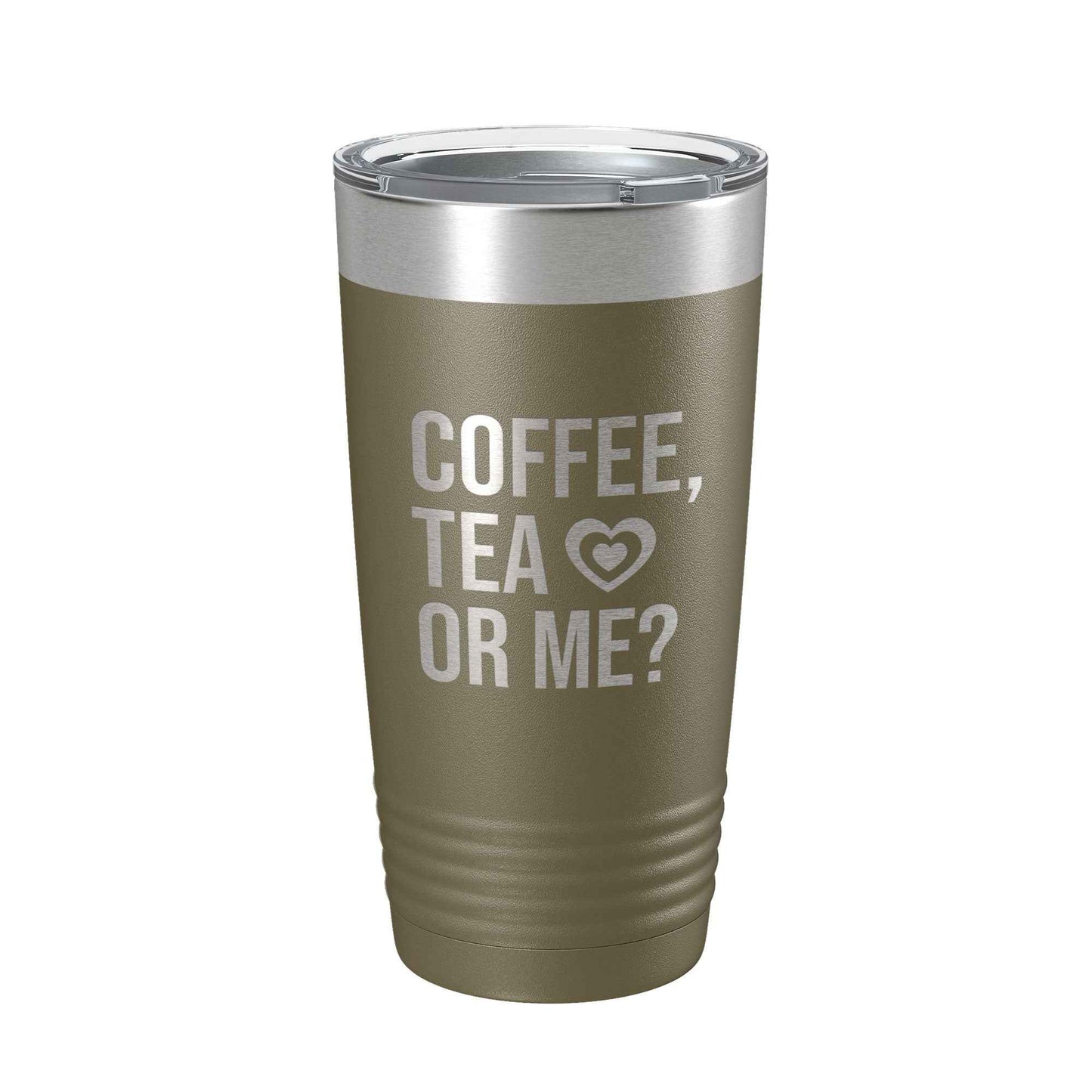 CarveBright eco-friendly coffee tumbler in olive green with silver lid and coffee tea or me text