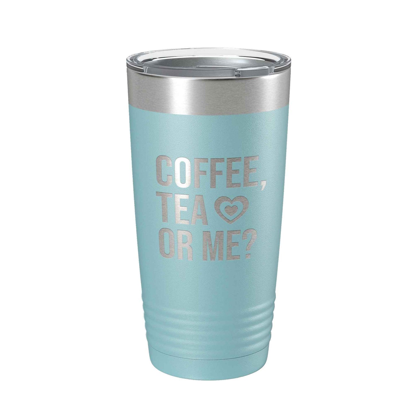 CarveBright eco-friendly coffee tumbler in light blue with silver lid and coffee tea or me text