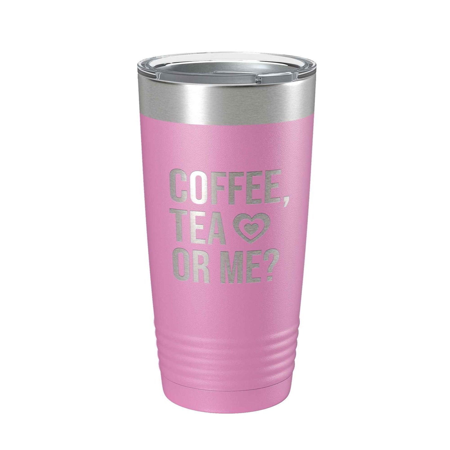 Pink CarveBright eco-friendly coffee tumbler with silver lid and text coffee tea or me