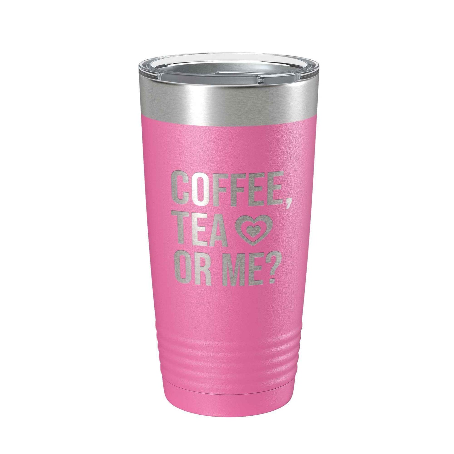 CarveBright pink eco-friendly coffee tumbler with silver text and stainless steel lid