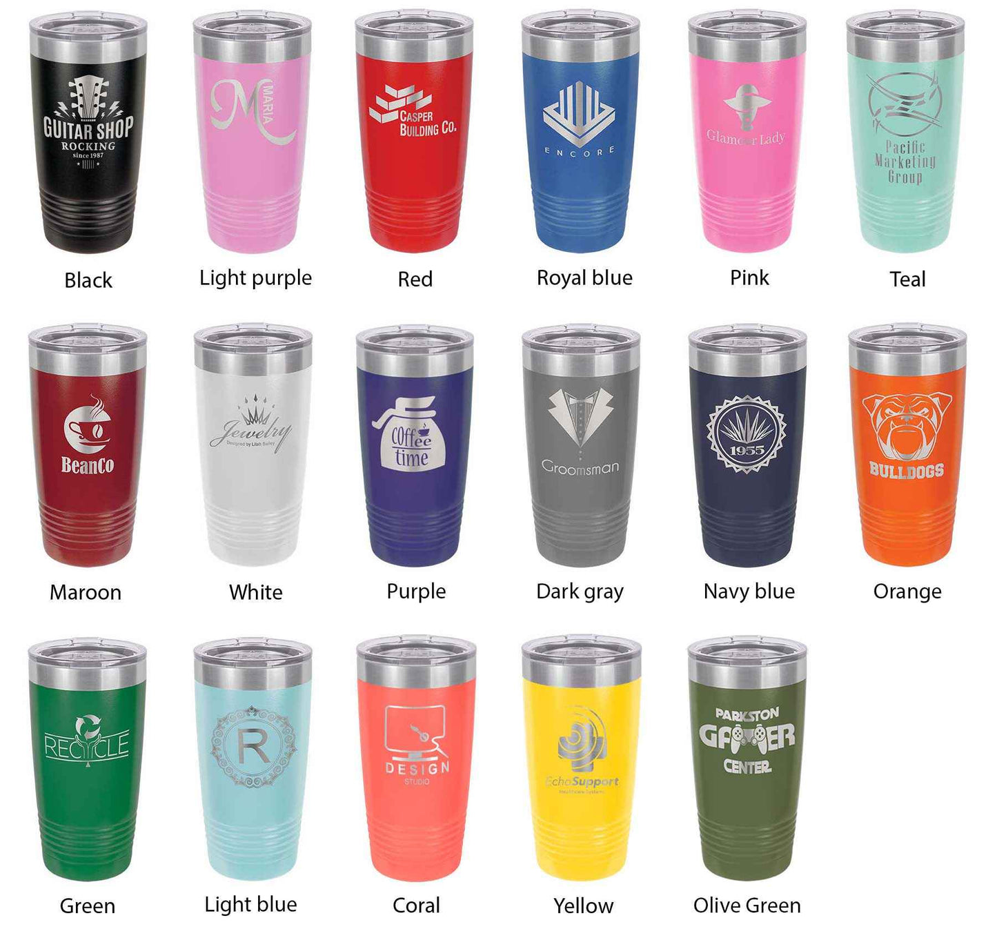 CarveBright eco-friendly coffee tumbler collection in 18 colors with printed logos and clear lids