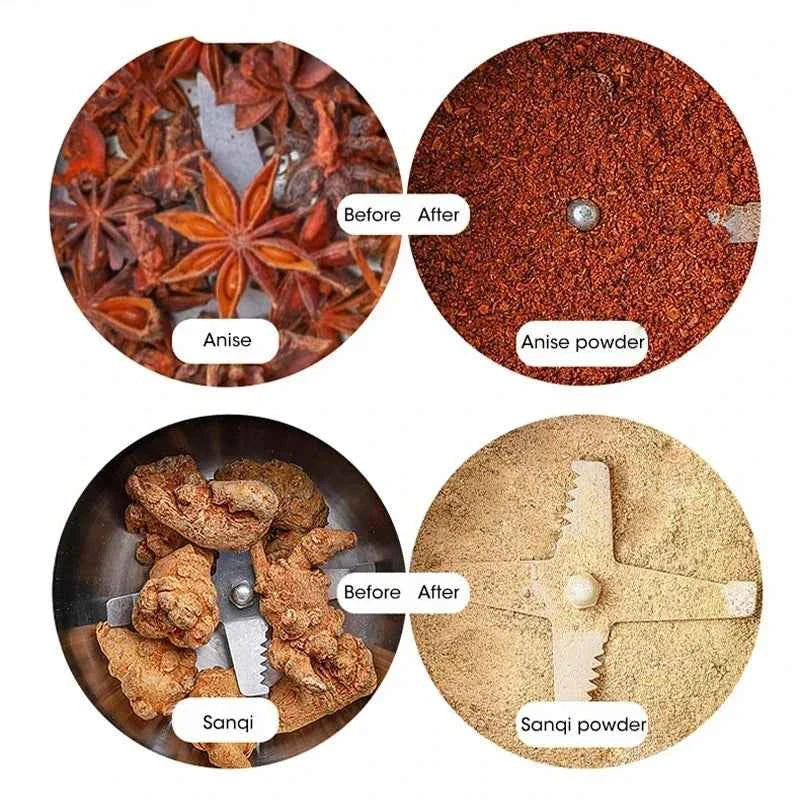 Electric spice and coffee grinder showing before and after states of anise and sanqi ground into powder