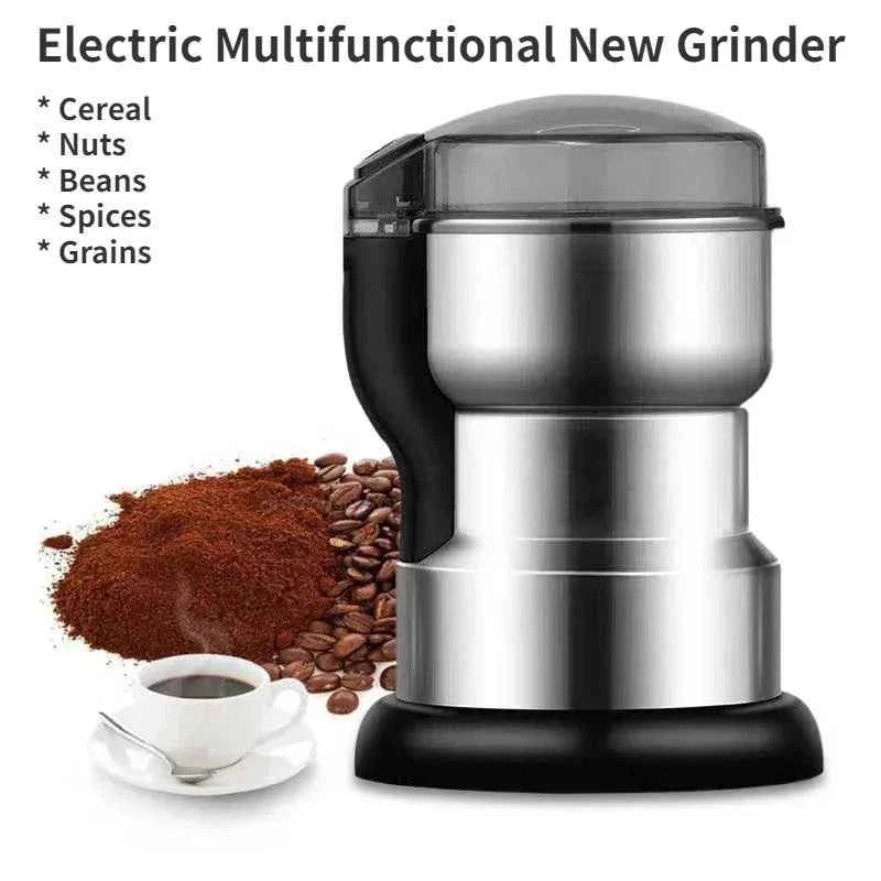 Electric spice and coffee grinder in stainless steel with coffee beans and ground coffee beside it