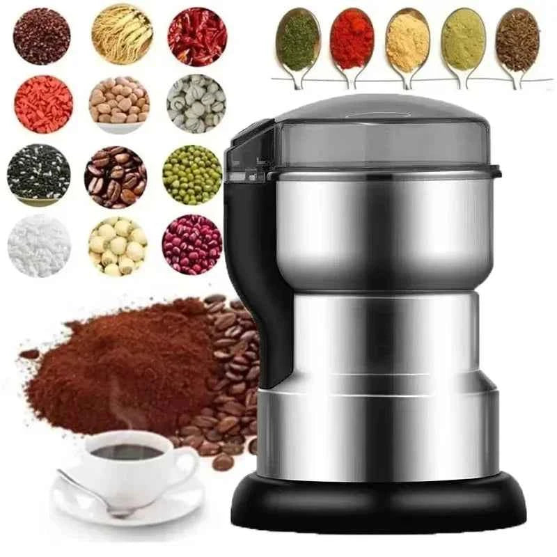 Electric spice and coffee grinder stainless steel with various spices, coffee beans, and ground coffee